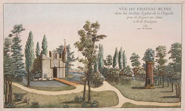 Item nr. 112310 Cahier 11, Plate 12. Vue du chateau ruine dans les Jardins Anglais de la Chapelle pres de Nogent sur Seine a M. de Boulogne 1784. George Louis Le Rouge.
