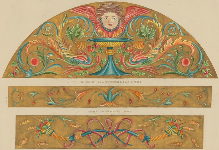Item nr. 112657 Intarsien Fullung am Chorgestuhl im Dome zu Genua. Italienische Flachornamente aus der Zeit der Renaissance. Moritz Meurer.