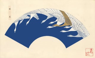 Item nr. 147386 Blue fan with white, gold and silver geese. Japanese Fan Design. Japanese School