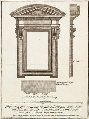 Finestra che serve per Nichia nel ripiano della scala del Palazzo de Sig. Conservatori in Campidoglio. Studio d'architettura Civile Sopra Gli Ornamenti di Porte e Finestre