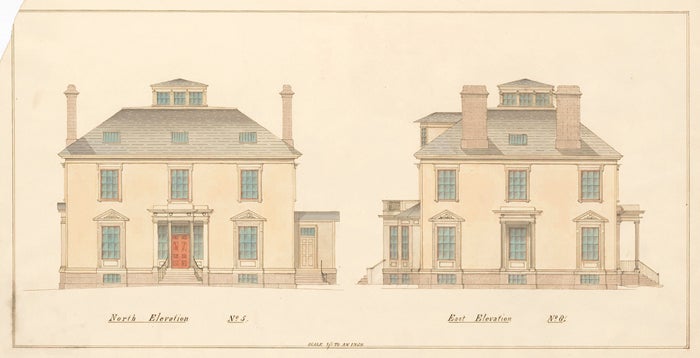 Item nr. 155218 North and East elevations of a house in Chelsea, MA. American Architectural Rendering. John Cunningham.