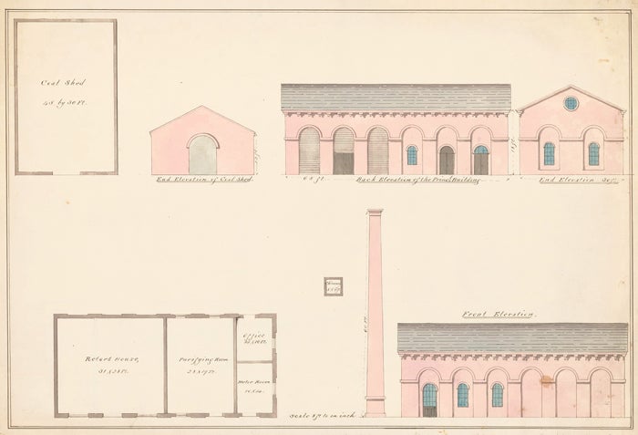 Item nr. 155255 Elevations and plans of a water plant in Chelsea, MA. American Architectural Rendering. John Cunningham.