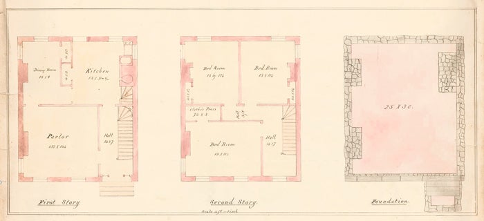 Item nr. 155258 First, second and foundation floor plans of a house in Chelsea, MA. American Architectural Rendering. John Cunningham.