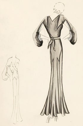 Item nr. 155792 Pl. 8. Silver gown with geometric accents and cut-out sleeve details. Original...