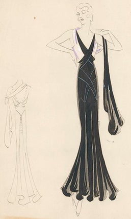 Pl. 26. Black and white, satin gown with a deep, crosscut neckline. Original Fashion Illustration.