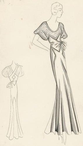 Item nr. 155798 Pl. 16. Silver gown with tie waist and draped sleeves. Original Fashion Illustration. Edyth Sparag.