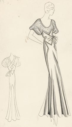 Pl. 16. Silver gown with tie waist and draped sleeves. Original Fashion Illustration.