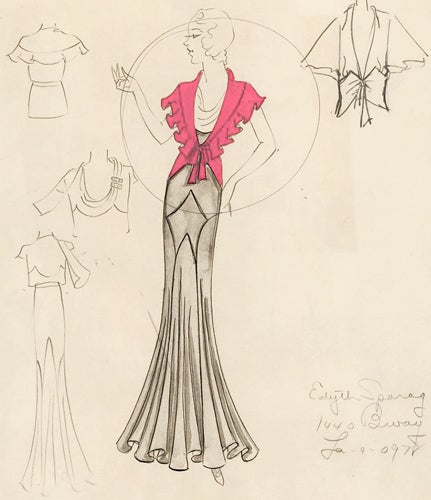Item nr. 155800 Pl. 21. Silver, draped gown with pink, ruffled shrug. Original Fashion Illustration. Edyth Sparag.