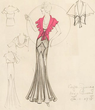 Pl. 21. Silver, draped gown with pink, ruffled shrug. Original Fashion Illustration.