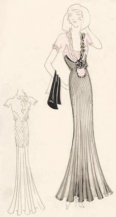 Item nr. 155801 Pl. 1. Silver, ribbed gown with light pink accents and twisted neck detail....
