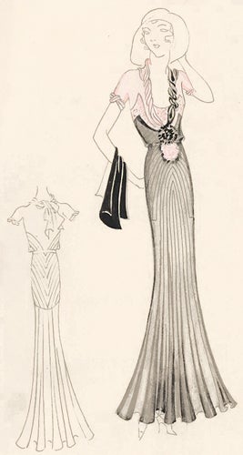 Item nr. 155801 Pl. 1. Silver, ribbed gown with light pink accents and twisted neck detail. Original Fashion Illustration. Edyth Sparag.