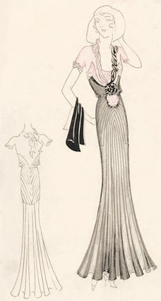 Pl. 1. Silver, ribbed gown with light pink accents and twisted neck detail. Original Fashion Illustration.