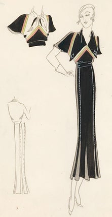 Item nr. 155803 Pl. 3. Black, backless gown with empire waist and green- and pink-striped...