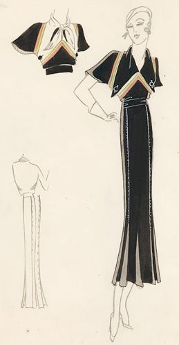 Item nr. 155803 Pl. 3. Black, backless gown with empire waist and green- and pink-striped accents. Original Fashion Illustration. Edyth Sparag.
