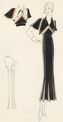 Pl. 3. Black, backless gown with empire waist and green- and pink-striped accents. Original Fashion Illustration.
