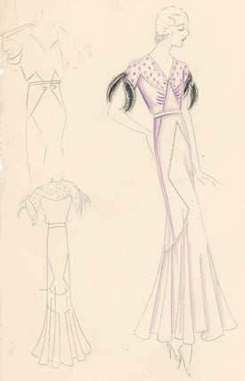 Item nr. 155805 Pl. 3. Lavender, V-necked gown with capped, feather-trimmed sleeves. Original...