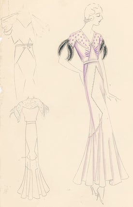 Pl. 3. Lavender, V-necked gown with capped, feather-trimmed sleeves. Original Fashion Illustration.