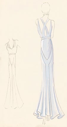 Item nr. 155820 Pl. 7. Periwinkle, draped satin gown with sweetheart neckline, crossed-strap...