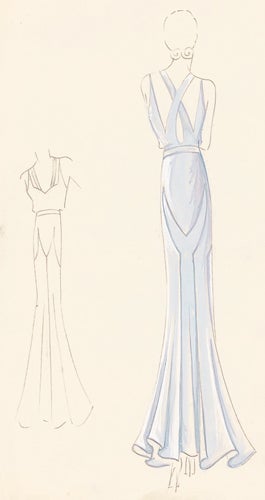 Item nr. 155820 Pl. 7. Periwinkle, draped satin gown with sweetheart neckline, crossed-strap detail, and belt. Original Fashion Illustration. Edyth Sparag.