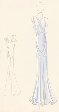 Pl. 7. Periwinkle, draped satin gown with sweetheart neckline, crossed-strap detail, and belt. Original Fashion Illustration.