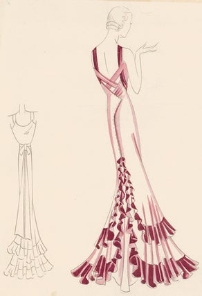 Item nr. 155821 Pl. 27. Mauve, sleeveless gown with plum-colored, tiered ruffles and details....