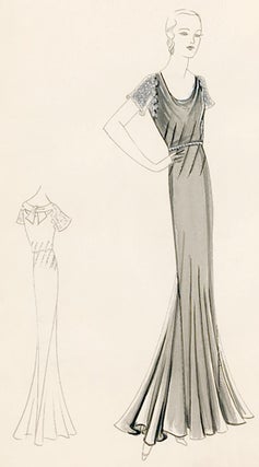 Item nr. 155822 Pl. 25. Silver, scoopneck gown with beaded short-sleeves and tie back. Original...