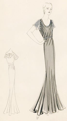 Item nr. 155822 Pl. 25. Silver, scoopneck gown with beaded short-sleeves and tie back. Original Fashion Illustration. Edyth Sparag.