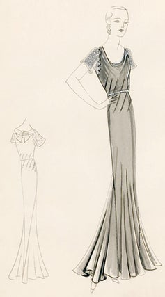 Pl. 25. Silver, scoopneck gown with beaded short-sleeves and tie back. Original Fashion Illustration.