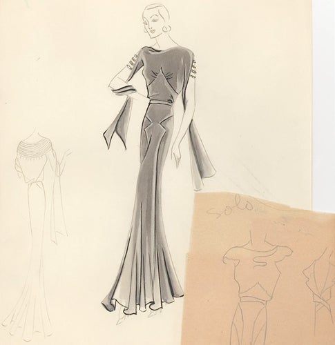 Item nr. 155823 Pl. 24. Shadow blue, draped gown, with slit-sleeves and jeweled shoulder embellishments and an attached sketch detail of a cap-sleeve, backless alternative. Original Fashion Illustration. Edyth Sparag.