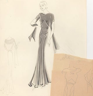 Pl. 24. Shadow blue, draped gown, with slit-sleeves and jeweled shoulder embellishments and an attached sketch detail of a cap-sleeve, backless alternative. Original Fashion Illustration.