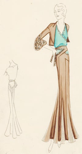 Item nr. 155824 Pl. 10. Turquoise and taupe gown, accented by crossover front, asymmetric belt, and beading, with beaded, taupe dress jacket. Original Fashion Illustration. Edyth Sparag.