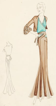 Pl. 10. Turquoise and taupe gown, accented by crossover front, asymmetric belt, and beading, with beaded, taupe dress jacket. Original Fashion Illustration.