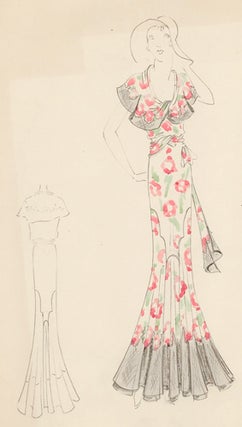Item nr. 155825 Pink-and-white, floral gown with grey, ruffled detail and sash. Original Fashion...