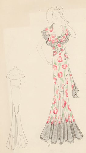Item nr. 155825 Pink-and-white, floral gown with grey, ruffled detail and sash. Original Fashion Illustration. Edyth Sparag.