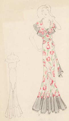 Pink-and-white, floral gown with grey, ruffled detail and sash. Original Fashion Illustration.