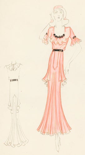 Item nr. 155826 Coral gown with high-low hemline, ruffle details, and black rosette accents. Original Fashion Illustration. Edyth Sparag.