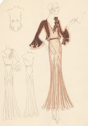 Mauve-and-plum, paneled gown with long, ruffled sleeves and multi-colored rosette embellishments. Original Fashion Illustration.