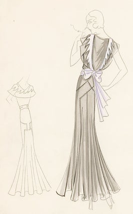 Item nr. 155830 Pl. 17. Silver, paneled gown with butterfly sleeves, accented by a lavender sash...