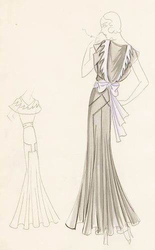 Item nr. 155830 Pl. 17. Silver, paneled gown with butterfly sleeves, accented by a lavender sash and other details. Original Fashion Illustration. Edyth Sparag.