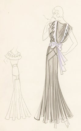 Pl. 17. Silver, paneled gown with butterfly sleeves, accented by a lavender sash and other details. Original Fashion Illustration.