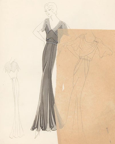 Item nr. 155831 Pl. 31. Graphite, pleated gown, with a draped top and butterfly sleeves, accented by beaded shoulder embellishments and belt, accompanied by an attached sketch detail of a draped, crossover alternative. Original Fashion Illustration. Edyth Sparag.