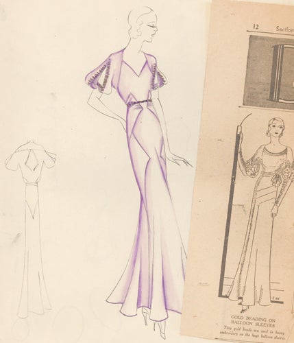 Item nr. 155852 Pl. 1. Lavender, belted gown with slit puffed sleeves, sweetheart neckline, and geometric accents. Original Fashion Illustration. Edyth Sparag.