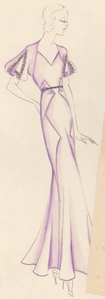Pl. 1. Lavender, belted gown with slit puffed sleeves, sweetheart neckline, and geometric accents. Original Fashion Illustration.