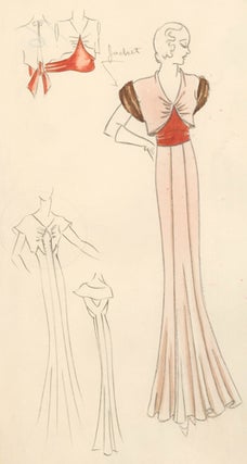 Item nr. 155854 Pl. 16. Light pink, empire-waisted gown, accented by a slit-back butterfly top...