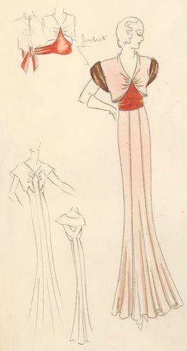 Item nr. 155854 Pl. 16. Light pink, empire-waisted gown, accented by a slit-back butterfly top and coral sash, and a fur, off-the-shoulder dress jacket. Original Fashion Illustration. Edyth Sparag.