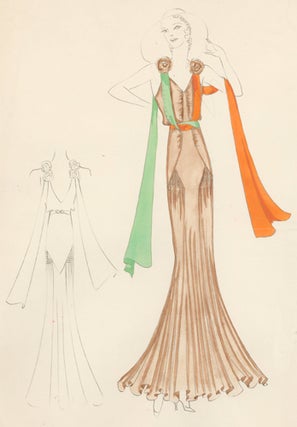 Item nr. 155855 Sienna, fitted gown with ruched bodice, accented with orange and green, draped...