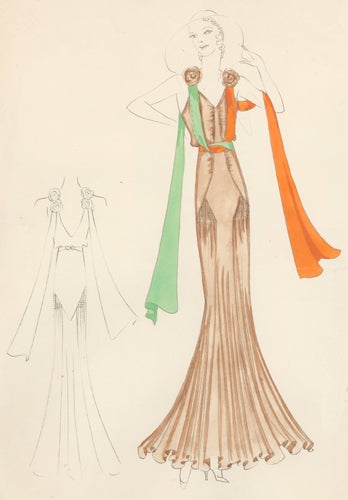 Item nr. 155855 Sienna, fitted gown with ruched bodice, accented with orange and green, draped sleeve details. Original Fashion Illustration. Edyth Sparag.