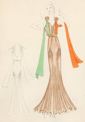 Sienna, fitted gown with ruched bodice, accented with orange and green, draped sleeve details. Original Fashion Illustration.