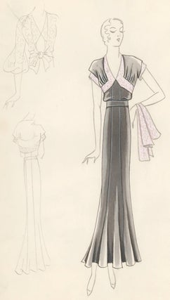 Item nr. 155856 Pl. 1. Charcoal, seamed gown with kimono-style top accented by lavender, floral...