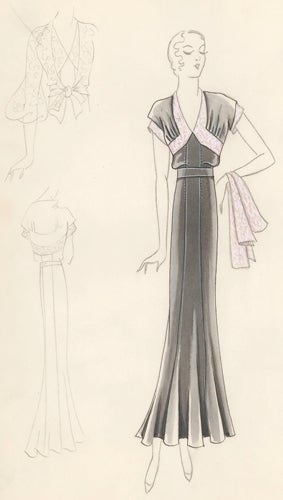 Item nr. 155856 Pl. 1. Charcoal, seamed gown with kimono-style top accented by lavender, floral trim. Original Fashion Illustration. Edyth Sparag.